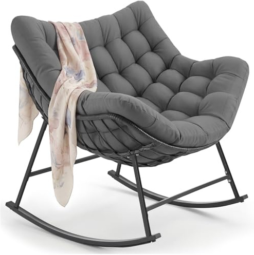 tectake® Silla Mecedora, Cojín Lavable Grueso, Sillon Lectura, 99,5 x 93 x 89 cm, Carga 120 kg, Butaca Salon, Interior Exterior, Sillon Lactancia, Sillones Dormitorio, Butaca Dormitorio - Antracita