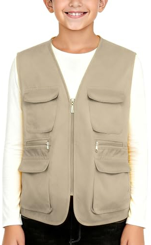 Saxrel Kids Waistcoat with Multi Pocket Boys Utility Gilets - Zip Up Travel Sleeveless Jackets V-Neck Vest Fishing Waistcoat for School Trips Camping Hunting Holiday Daily Layering 5-13 Years