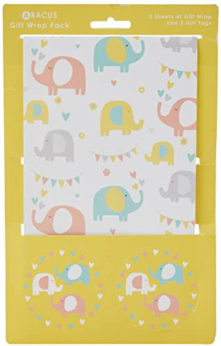Abacus 10007A Elephant Fun Geschenkpapier-Set mit 2 Bögen/Anhängern, vollständig recycelbar, 500 mm x 700 mm
