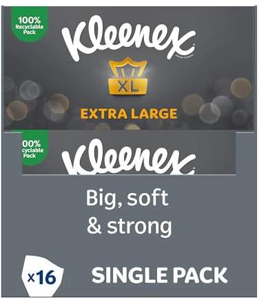 Kleenex Extra Large Facial Tissues, 16 Standard Tissue Boxes (1440 Tissues) - 100% Recyclable Packaging