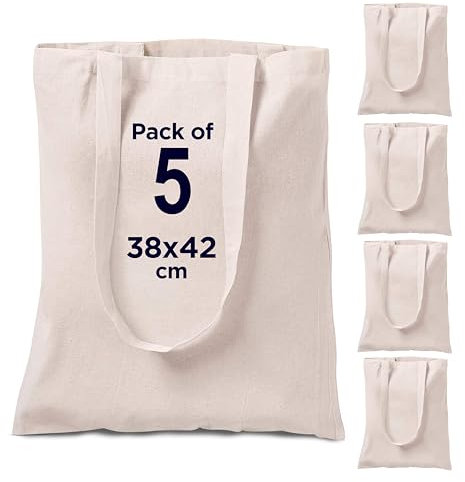 CENTRIX 100% natürlicher Baumwolle Einkaufstaschen 5er Pack, 15 x 16 Zoll, 5,5 Unzen Baumwolle Canvas Einkaufstasche- umweltfreundlich super stark waschbar mit 27 Zoll langem Griff