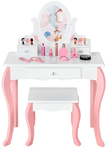 Costzon Kids Vanity Set with Mirror, 2 in 1 Princess Makeup Dressing Table w/Detachable Top, Toddler Vanity with 360° Rotating Mirror, Drawers & Stool, Pretend Play Vanity Set for Little Girls, White