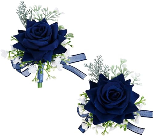 MAFELOE 2 Pieces Homecoming Party Prom Artificial Wrist Corsage and Boutonniere Set, Groom Groomsmen Bride Bridesmaids Wedding Simulation Flowers Accessories - Navy Blue