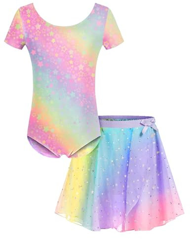 Bricnat Ballettkleidung Mädchen Ballettkleid Kinder Kurzarm Ballettanzug Tanzkleid Ballett Outfit Turnanzug Ballett Trikot mit Rock Tütü Regenbogen 140