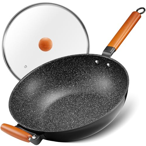 BEZIA Nonstick Wok Induction, 33cm Non Stick Wok Pan with Lid, Stir-Fry Wok with Flat Bottom, Removable Wooden Handle, Compatible All Stoves