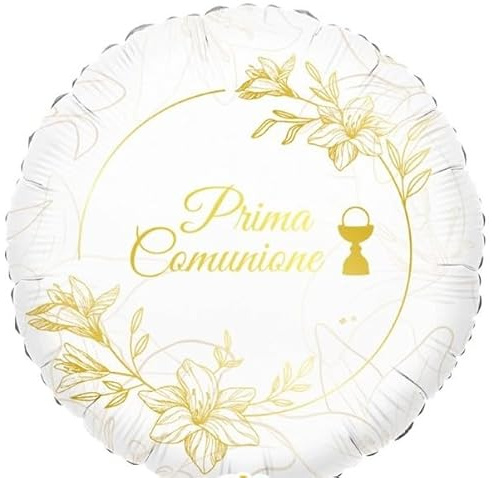 Pallone Prima Comunione - Bianco e Oro con stampa Calice e fiori - PALLONCINO in foil Mylar - 45CM - gonfiabile ad aria o elio - FORNITO SGONFIO