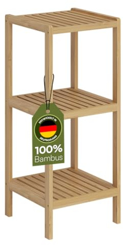 Bellamio Newa Badregal – Bambus Regal mit 3 Ablageflächen – Badezimmerschrank lackiert – Holzregal stehend für Badezimmer – Standregal schmal – offener Badschrank Natur – Badezimmermöbel 80x33x33 cm