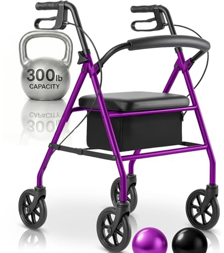 Vive Mobility Steel Rollator Walker with Seat - Foldable, Narrow, Rolling Senior Walker for Small Spaces - 4 Wheel Lightweight Adult Easy Drive with Underseat Storage, Adjustable Height (Purple)