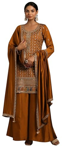 TRENDMALLS Women's Art Silk Embroidery Kurta Palazzo Set-G305-Mustard