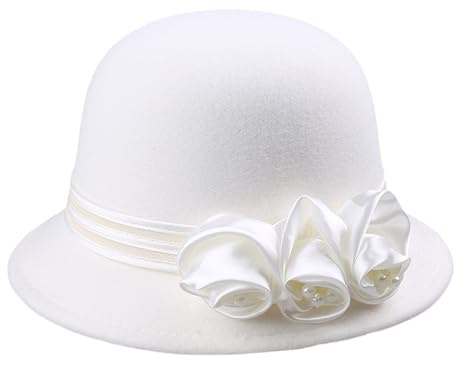 CQEAZ Modische Fedoras-Mütze, Bowler-Hut für Damen, 20er-Jahre, Flapper-Kostüm, Wollhut, Cocktail-Party, Winter, Herbst, warm, Kopfbedeckung, Glockenhut, weiß, 56-58cm/22.05-22.83inch