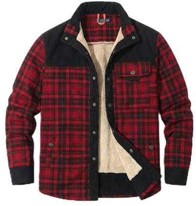 HYPESTFIT Mens Jacket Flannel Fur Lined Button Warm Lumberjack Fleece Padded Long Sleeve Casual