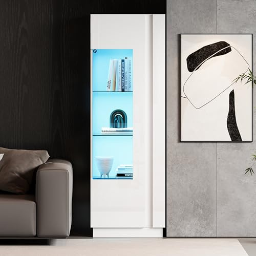 GigaXynium Vetrina con cassetti, vetrina in vetro lucido, con illuminazione a LED, mobile alto, con armadio, vetrina a pavimento, deposito divisorio (bianco, 60 x 40 x 180 cm)