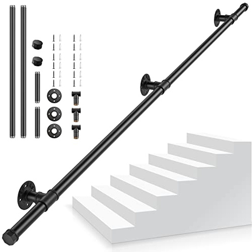 Pasamanos Escalera, 1,5M Pasamanos para Escaleras Interior Exterior, Pasamanos Negro con tubo de acero Galvanizado Industrial Antideslizante, Barandilla Escalera para Cocina Baño Jardín
