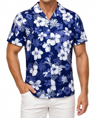 Amycute Men's Hawaiian Button Down Shirt Short Sleeve, Tropical Floral Print Regular Fit Beach Shirt for Stag Do Festival Pub