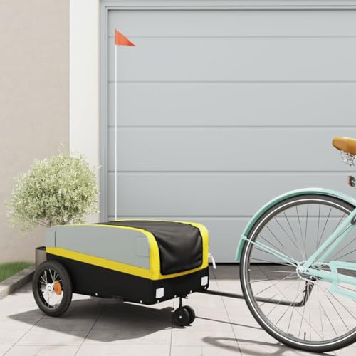 Kaloriko Remorque de vélo noire et jaune en fer avec capacité de charge de 30 kg, 122 x 53 x 53 cm, pour enfants, chiens et charges, avec timon, drapeau de sécurité, pliable et robuste pour le