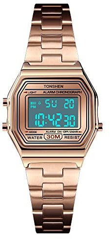 Tonshen dammode digital klocka för flickor elektronisk multifunktion LED-bakgrundsbelysning larm stoppur rostfritt stål utomhus sportklocka avslappnad stil Armband Rosa