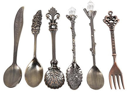 Kaffeelöffel Vintage Löffel Gabel Set, Mini Coffee spoon Antikes Besteck 6-teiliges Familiengeschirr Retro Royal Gold Silber Farbe Metall Besteckset, Kaffee Dessertlöffel Teelöffel (Antik Messing)
