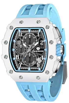 TSAR BOMBA Montre Homme Montre de Luxe Etanche 50M Tonneau Analogique Chronometre Squelette Carrée Grand Cadran Plongee Sport Montres Mouvement Japonais Bracelet Silicone Miroir Saphir Lumineux