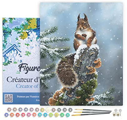 Figured'Art Peinture par Numéro Adulte avec Cadre Ecureuil perché - Activité Manuelle Kit de Loisir Créatif DIY Numéro d'Art Complet - 40x50cm toile tendue sur châssis