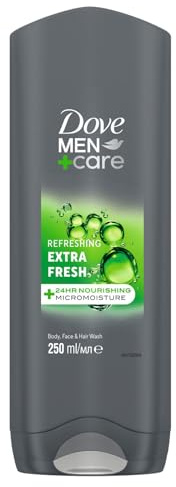Dove, Doccia Dove Men+Care Extra Fresh, Docciaschiuma Uomo 3 in 1 Idratante Corpo, Viso e Capelli, con Tecnologia MicroMoisture, Dona 24 Ore di Idratazione, 250 ml