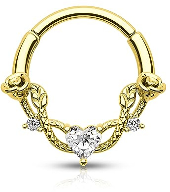 CM Crareesi Mania - Piercing al setto nasale con rosa, 16G, anello segmentato con cerniera, in acciaio inossidabile 316L, chiusura a scatto per daith, cuore con zircone cubico, gioielli per piercing