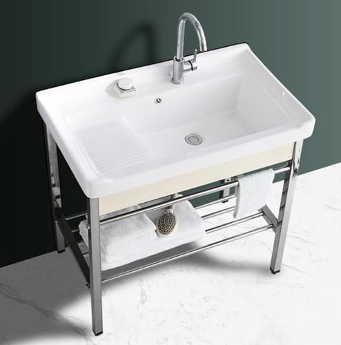 GBHJJ Lavandino per Lavanderia Indipendente, Lavandino a Vasca Singola, con Supporto e Kit di Scarico per Lavanderia, Ripostiglio, Garage, Cantina, per Esterni E Interni,81x48x85cm