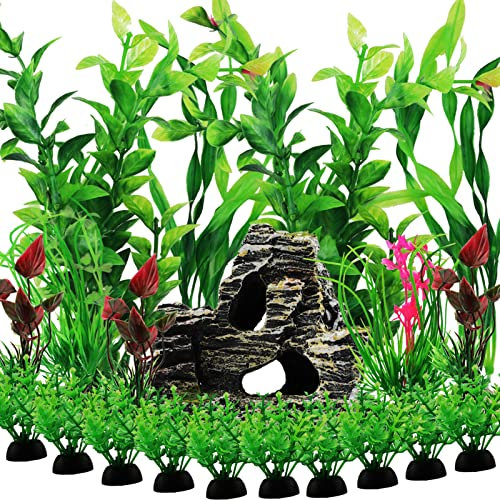 QUOZUO Fish Tank Accessories Aquarium Decorations Plants, 20pcs Green Fish Tank Decorations Plastic Plants and Cave Rock Decoration Decor Set, Aquarium Decor Plants