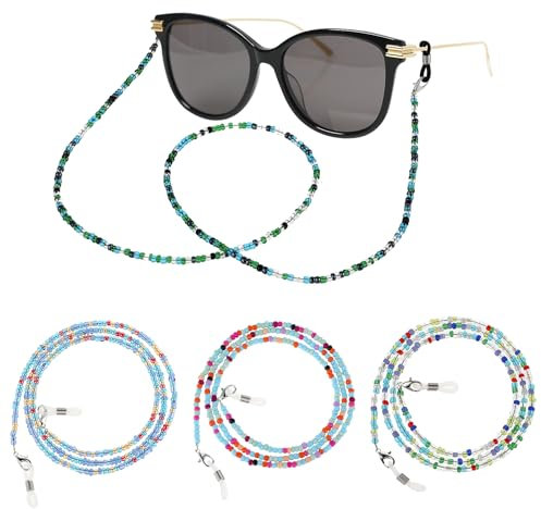Ouligay 4 Stück Perlen Brillenkette Damen Brillenhalter Riemen Brillen Kette Bunte Edelstein Brillenband Maskenkette Perlen Anti-Rutsch Brillenschnur für Sonnenbrillen Lesebrillen Brillenzubehör