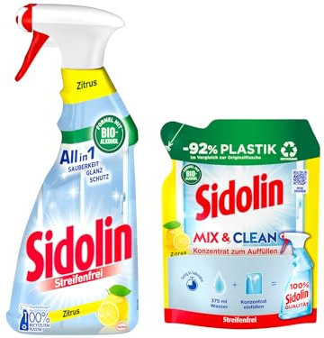 Sidolin Streifenfrei Zitrus Glasreiniger (500 ml) + Sidolin Mix & Clean Konzentrat zum Auffüllen Zitrus (125 ml), All in 1 Glasreiniger für Sauberkeit, Glanz & Schutz, mit Bio-Alkohol