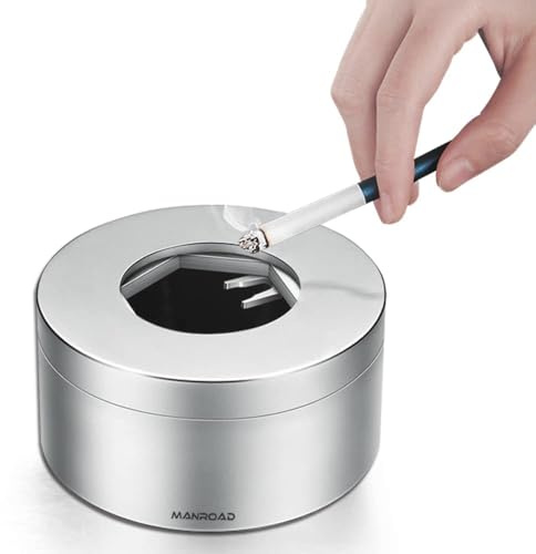 MANROAD Ashtray, Smokeless Ashtrays for Cigarettes Indoor Cigar Ashtrays 304 Stainless Steel Ash Tray Outdoor Car Ashtray with Lid Smell Proof Windproof Ashtray for Home Office Patio Decoration