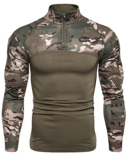 Combat Shirts - Maglietta da uomo con colletto alto con cerniera a 1/4, tattica, a maniche lunghe, stile militare, con tasche, per airsoft, abbigliamento esterno, per escursioni, campeggio, caccia