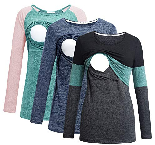 DDLUYY - 3 unidades de ropa de maternidad de manga larga para lactancia, camisetas de enfermería, XL