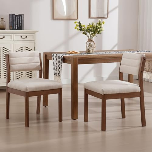 Ya-Home Dining Chairs Set of 2 Mid-century Linen Comfort Padded Kitchen Chairs with Wooden Legs for Dining Room, Beige