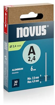 Novus Tools Rivets aveugles en aluminium Ø 2,4 mm, longueur 6 mm, 30 rivets, épaisseur du matériau 2,0-4,0 mm, fixation de métaux non ferreux, plastique, matériaux légers, cuir et tissus