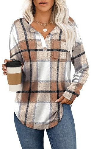 Aokosor Womens Sweatshirts Ladies Jumpers for Women UK Long Sleeve Tops Ladies Buttons Sweatshirts Plaid Pattern Size 14-16
