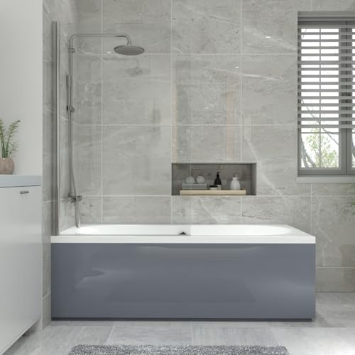 NRG 1700x750mm Acrylic Straight Bath + Chrome Round Bath Screen with Front Panel Grey Bathroom Bathtub