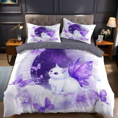 Funda nórdica Cama 150 Gato de ensueño y Butterfly Morada Funda edredón 220x240 cm Cremallera Microfibra Suave, Juego de Ropa de Cama 3 Piezas Ideal para Dormitorio Adulto
