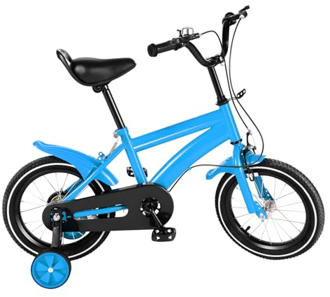 FUNYSF Vélo pour enfants de 14 pouces avec roues de soutien, selle réglable, frein à rétropédalage et frein à main, pour garçons et filles, conduite sûre (bleu)