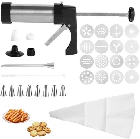 29uds Kit de Prensa Galletas Acero Inoxidable, Incluye Pistola Galletas Discos Molde Juego Manga Pastelera Cepillo de Limpieza e Instrucciones para Hacer Pasteles Postres