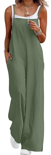 QIXING Dungarees for Women UK Summer Boho Casual Loose Wide Leg Jumpsuits Sleeveless Ladies Playsuits with Pockets(Olive Green, XL)