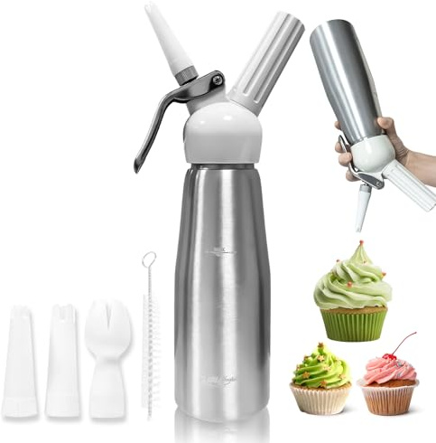 XIMEY Sahnespender, Sahnesyphon, Sahnespender Edelstahl 500mL, Espuma Flasche, für Sahne, Mousses, Desserts, Schlagsahne, Cocktails, Kaffee Dekorationen, Inklusive 3 Düsen + 1 Reinigungsbürste