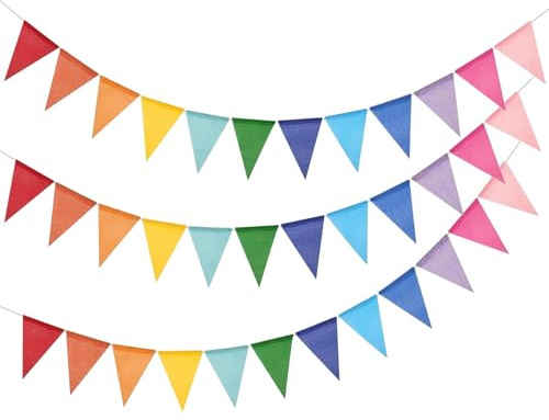Pastel Rainbow Bunting Outdoor, 12m 36 Flags Reusable Hessian-Style Fabric Bunting, 3 X 4m Colourful Triangle Flags for Garden Party, Birthday, Wedding, Baby Shower and Festival