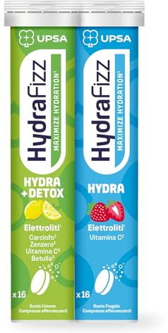 UPSA Kit Hydrafizz Detox e Idratazione, Hydrafizz Detox 16 + Hydrafizz Hydra 16 Compresse Effervescenti, Integratore Alimentare con Elettroliti, Carciofo, Zenzero e Vitamina C, Gusto Limone e Fragola
