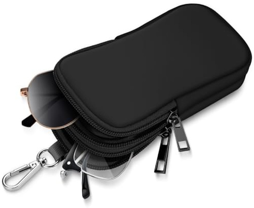 FINTIE Étui Lunettes Souple Double Compartiment pour Hommes et Femmes | Pochette Lunettes de Soleil en Néoprène avec Fermeture Éclair et Mousqueton