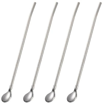 4 cucharas de paja de acero inoxidable 304 con mango largo para bebidas, cócteles, mango largo, cuchara de paja
