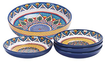 Bico Havana Ceramic Pasta Bowl, Set of 5(1 Unit 6330ml, 4 Units 1035ml), for Pasta, Salad, Microwave & Dishwasher Safe