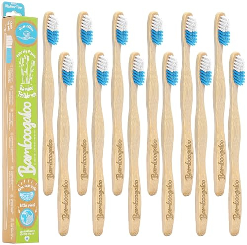 BAMBOOGALOO Bio-Zahnbürste für Erwachsene, Bambus, hochwertig, aus Holz, mit nachhaltiger plastikfreier Verpackung, schön gearbeitete Zahnbürste, Ocean Edition, 12 Stück