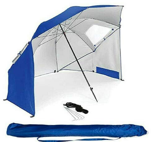 BESTIF Sonnenschirm Strandmuschel Groß XXL | Robuster 2IN1 Schirm für Strand Garten | Sonnenschutz UV-Schutz 50 | faltbar multifunktional | Fenster 210x220cm (Blau)