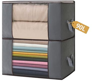 Boic 2 Pezzi Scatole Per Armadio Salvaspazio, 90l Scatole Per Vestiti, Contenitori Per Armadio Salvaspazio, Scatole Cambio Stagione, Scatole Armadio In Tessuto Per Coperte, Biancheria Da Letto, Grigio