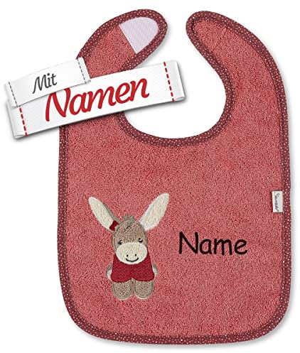 Sterntaler Lätzchen mit Namen bestickt, Baby & Kleinkind Spucktuch, Mädchen Klettlätzchen mit Esel Motiv in Rot, Halstuch/Babylätzchen personalisiert, Geschenkidee zur Geburt